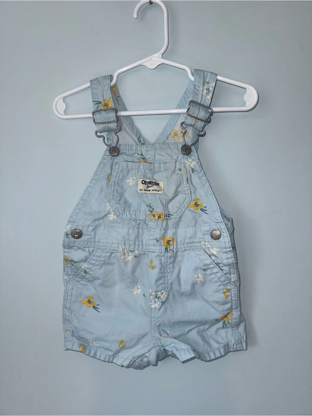 OshKosh B'gosh Light Blue Floral Short Overalls with Yellow Accents
